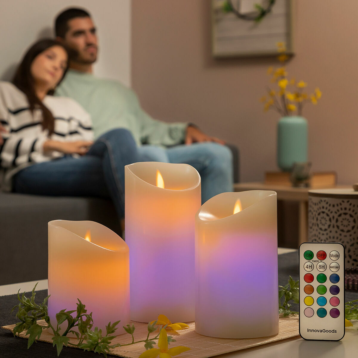 Velas LED Multicolor Efecto Llama con Mando Lendles InnovaGoods 3 Unidades